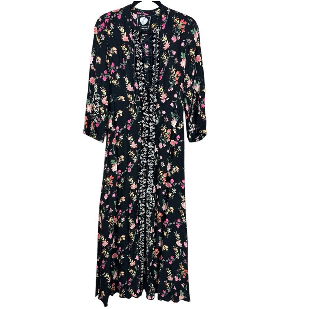Z&L Europe Boho Black 3/4 Sleeve Embroidered Floral Maxi Dress S